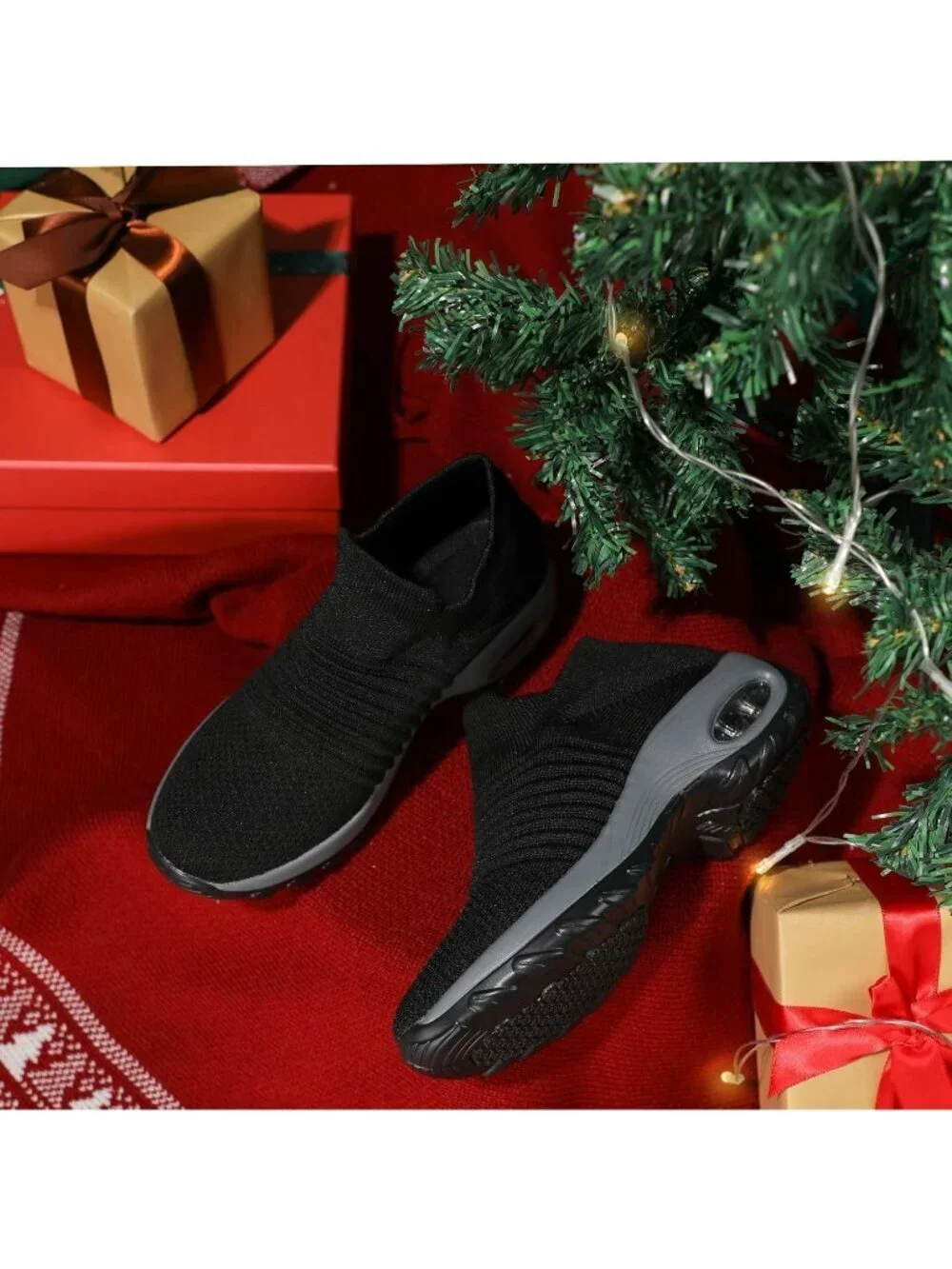 Women's Black Walking Arch Support Non Slip Breathable Knit Upper Sneaker Shoes